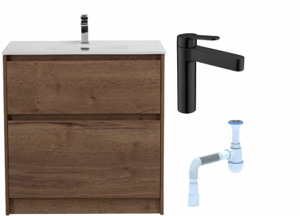 Комплект: Тумба с раковиной BelBagno Kraft 80 напольная + Смеситель для раковины BelBagno Delta DEL-LVM-NERO, черный + Сифон АниПласт