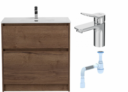 Комплект: Тумба с раковиной BelBagno Kraft 80 напольная + Смеситель Am.Pm X-Joy F85A02100 для раковины, хром + Сифон АниПласт