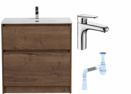 Комплект: Тумба с раковиной BelBagno Kraft 80 напольная + Смеситель Lemark Point LM0306C для раковины, хром + Сифон АниПласт