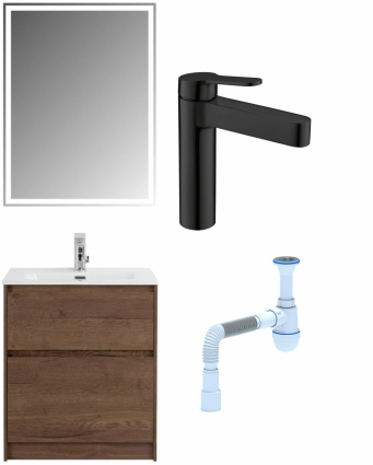 Комплект: Мебель для ванной BelBagno Kraft 60 + Смеситель для раковины BelBagno Delta DEL-LVM-NERO, черный + Сифон АниПласт
