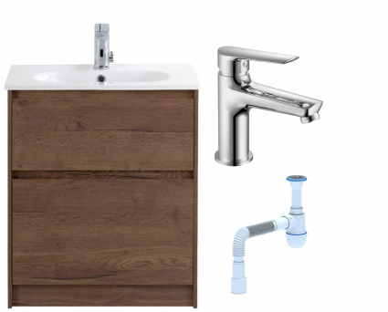 Комплект: Тумба с раковиной BelBagno Kraft 60 напольная + Смеситель для раковины Haiba HB10198, хром + Сифон АниПласт