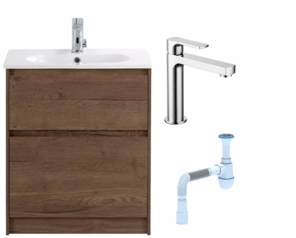 Комплект: Тумба с раковиной BelBagno Kraft 60 напольная + Смеситель Lemark plus Grace LM1537C для раковины, хром + Сифон АниПласт