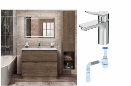 Комплект: Мебель для ванной BelBagno Kraft 100 + Смеситель Am.Pm X-Joy F85A02100 для раковины, хром + Сифон АниПласт