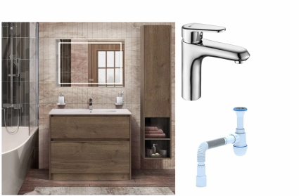 Комплект: Мебель для ванной BelBagno Kraft 100 + Смеситель Lemark Point LM0306C для раковины, хром + Сифон АниПласт