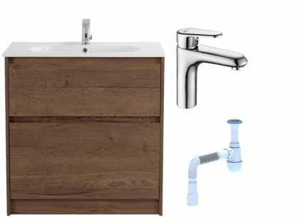 Комплект: Тумба с раковиной BelBagno Kraft 100 напольная + Смеситель Lemark Point LM0306C для раковины, хром + Сифон АниПласт