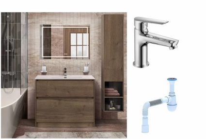 Комплект: Мебель для ванной BelBagno Kraft 100 + Смеситель для раковины Haiba HB10198, хром + Сифон АниПласт