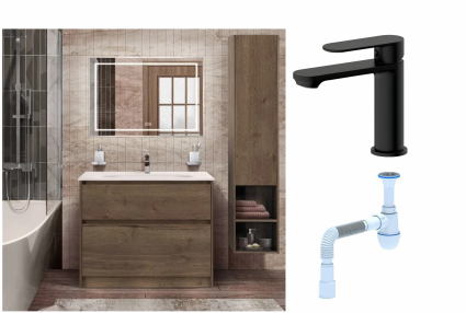 Комплект: Мебель для ванной BelBagno Kraft 100  + Смеситель для раковины Haiba HB10590-7, черный + Сифон АниПласт