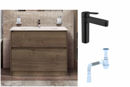 Комплект: Тумба с раковиной BelBagno Kraft 100 напольная + Смеситель для раковины BelBagno Delta DEL-LVM-NERO, черный + Сифон АниПласт