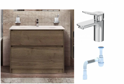 Комплект: Тумба с раковиной BelBagno Kraft 100 напольная + Смеситель Am.Pm X-Joy F85A02100 для раковины, хром + Сифон АниПласт