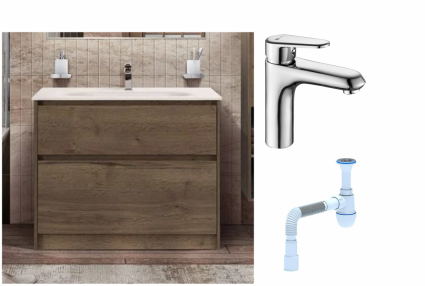 Комплект: Тумба с раковиной BelBagno Kraft 100 напольная + Смеситель Lemark Point LM0306C для раковины, хром + Сифон АниПласт