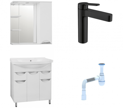 Комплект: Мебель для ванной Style Line Жасмин 80 + Смеситель BelBagno Delta DEL-LVM-NERO + Сифон АниПласт