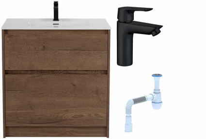 Комплект: Тумба с раковиной BelBagno Kraft 39 80 напольная + Смеситель Aquanet Static AF330-10B для раковины, чёрный + Сифон АниПласт