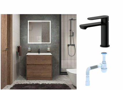 Комплект: Мебель для ванной BelBagno Kraft + Смеситель для раковины Haiba HB10590-7, черный + Сифон АниПласт
