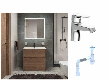 Комплект: Мебель для ванной BelBagno Kraft + Смеситель Bravat Alfa F1120178CP для раковины, хром + Сифон АниПласт