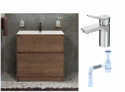 Комплект: Тумба с раковиной BelBagno Kraft напольная + Смеситель Am.Pm X-Joy F85A02100 для раковины, хром + Сифон АниПласт