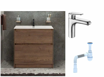 Комплект: Тумба с раковиной BelBagno Kraft напольная + Смеситель Lemark Point LM0306C для раковины, хром + Сифон АниПласт