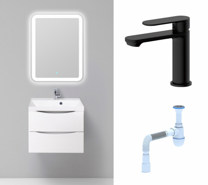 Комплект: Мебель для ванной BelBagno Marino 60 bianco lucido + Смеситель Haiba HB10590-7 черный + Сифон АниПласт