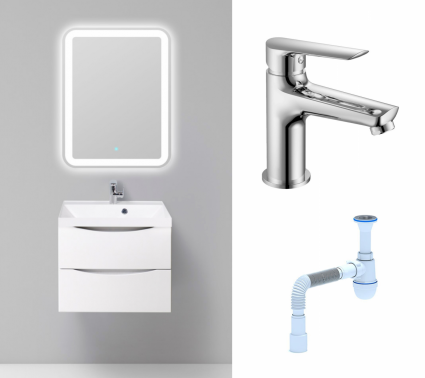 Комплект: Мебель для ванной BelBagno Marino 60 bianco lucido + Смеситель Haiba HB10198 хром + Сифон АниПласт