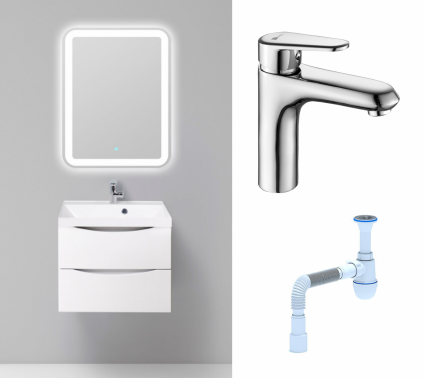 Комплект: Мебель для ванной BelBagno Marino 60 bianco lucido + Смеситель Lemark Point LM0306C хром + Сифон АниПласт