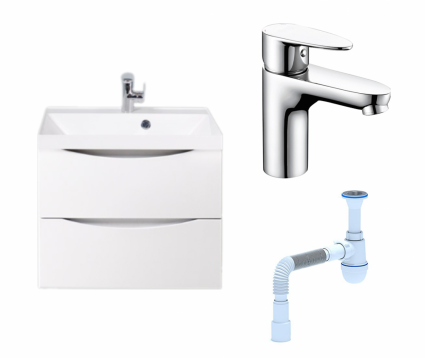 Комплект: Тумба с раковиной BelBagno Marino 60 bianco lucido + Смеситель Wasserkraft Leine 3503 хром + Сифон АниПласт