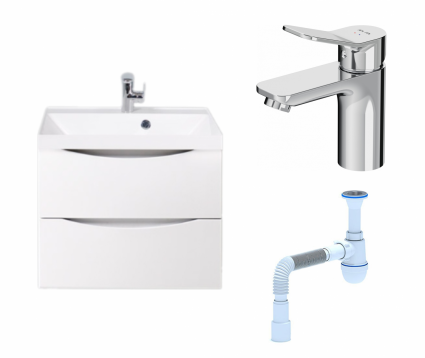 Комплект: Тумба с раковиной BelBagno Marino 60 bianco lucido + Смеситель Am.Pm X-Joy F85A02100 хром + Сифон АниПласт