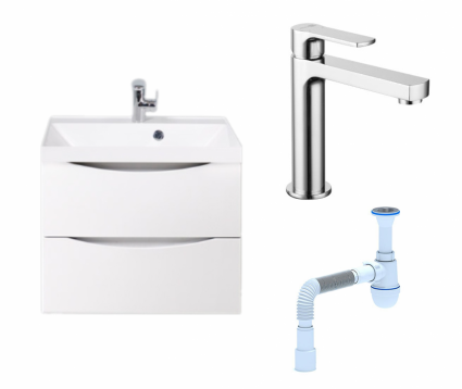 Комплект: Тумба с раковиной BelBagno Marino 60 bianco lucido + Смеситель Lemark plus Grace LM1537C хром + Сифон АниПласт