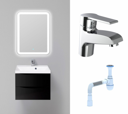 Комплект: Мебель для ванной BelBagno Marino 60 nero lucido + Смеситель Agger Right A2902100 хром + Сифон АниПласт
