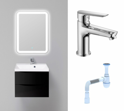 Комплект: Мебель для ванной BelBagno Marino 60 nero lucido + Смеситель Haiba HB10198 хром + Сифон АниПласт