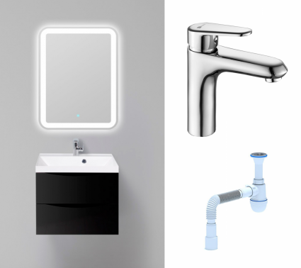 Комплект: Мебель для ванной BelBagno Marino 60 nero lucido + Смеситель Lemark Point LM0306C хром + Сифон АниПласт