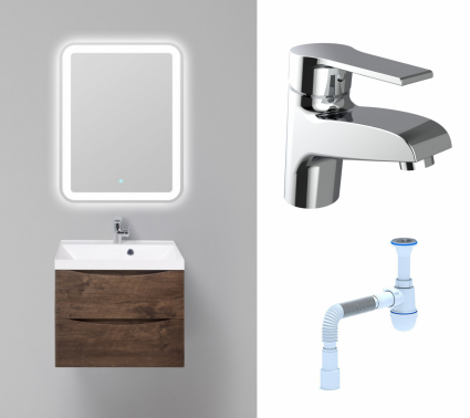 Комплект: Мебель для ванной BelBagno Marino 60 rovere moro + Смеситель Agger Right A2902100 хром + Сифон АниПласт