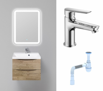 Комплект: Мебель для ванной BelBagno Marino 60 rovere nature + Смеситель Haiba HB10198 хром + Сифон АниПласт