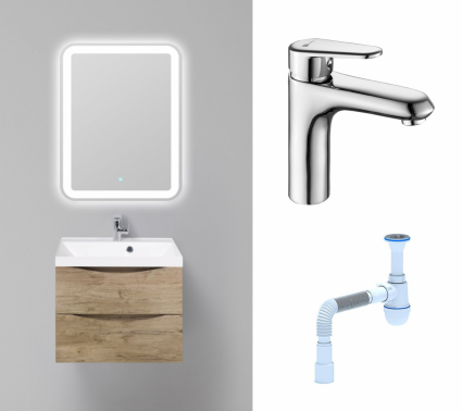 Комплект: Мебель для ванной BelBagno Marino 60 rovere nature + Смеситель Lemark Point LM0306C хром + Сифон АниПласт