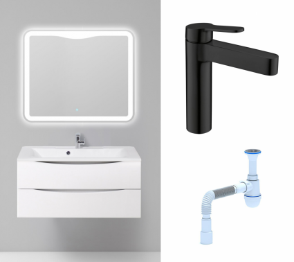 Комплект: Мебель для ванной BelBagno Marino 100 bianco lucido + Смеситель BelBagno Delta DEL-LVM-NEROчерный + Сифон АниПласт
