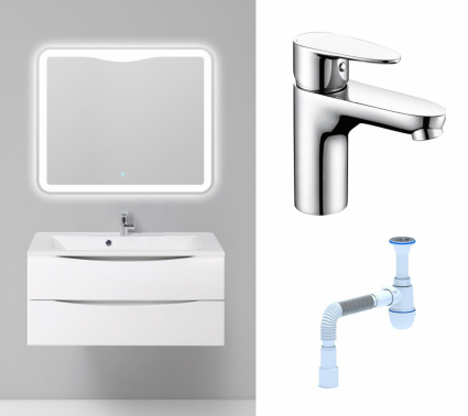 Комплект: Мебель для ванной BelBagno Marino 100 bianco lucido + Смеситель Wasserkraft Leine 3503 хром + Сифон АниПласт