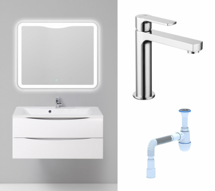Комплект: Мебель для ванной BelBagno Marino 100 bianco lucido + Смеситель Lemark plus Grace LM1537C хром + Сифон АниПласт