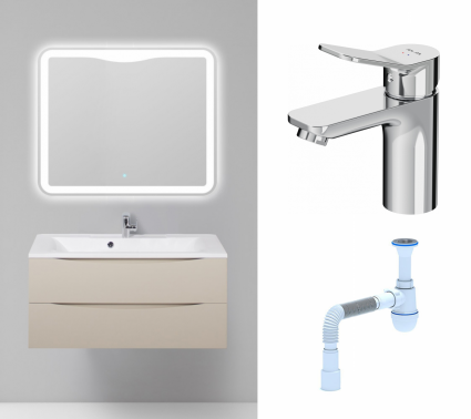 Комплект: Мебель для ванной BelBagno Marino 100 crema opaco + Смеситель Am.Pm X-Joy F85A02100 хром + Сифон АниПласт