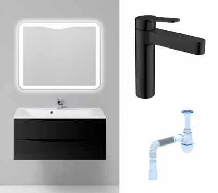 Комплект: Мебель для ванной BelBagno Marino 100 nero lucido + Смеситель BelBagno Delta DEL-LVM-NERO черный + Сифон АниПласт