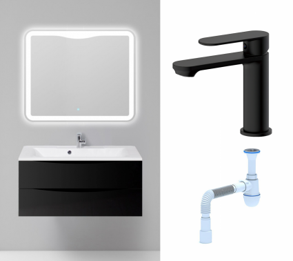 Комплект: Мебель для ванной BelBagno Marino 100 nero lucido + Смеситель Haiba HB10590-7 черный + Сифон АниПласт