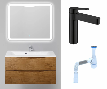 Комплект: Мебель для ванной BelBagno Marino 100 rovere nature + Смеситель BelBagno Delta DEL-LVM-NERO черный + Сифон АниПласт