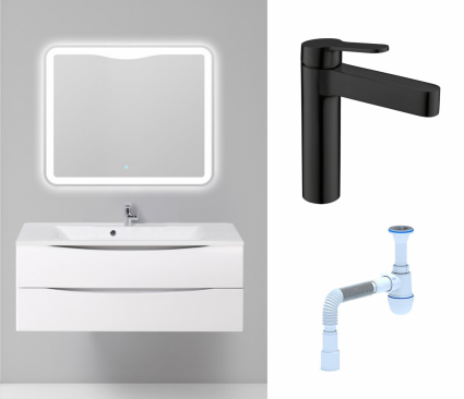 Комплект: Мебель для ванной BelBagno Marino 120 bianco lucido + Смеситель BelBagno Delta DEL-LVM-NERO черный + Сифон АниПласт