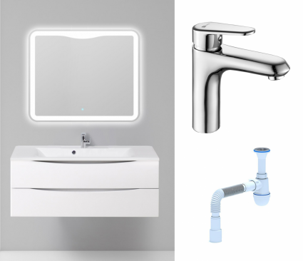 Комплект: Мебель для ванной BelBagno Marino 120 bianco lucido + Смеситель Lemark Point LM0306C хром + Сифон АниПласт