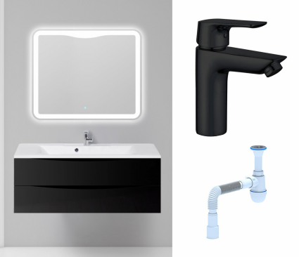 Комплект: Мебель для ванной BelBagno Marino 120 nero lucido + Смеситель Aquanet Static AF330-10B черный + Сифон АниПласт