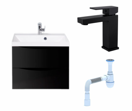Комплект: Тумба с раковиной BelBagno Marino 60 nero lucido + Смеситель Haiba HB10803-7 черный + Сифон АниПласт