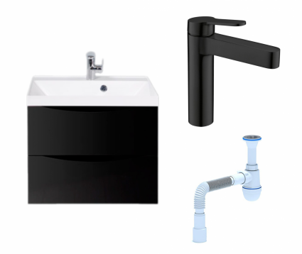 Комплект: Тумба с раковиной BelBagno Marino 60 nero lucido + Смеситель BelBagno Delta DEL-LVM-NERO черный + Сифон АниПласт