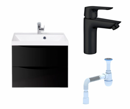 Комплект: Тумба с раковиной BelBagno Marino 60 nero lucido + Смеситель Aquanet Static AF330-10B черный + Сифон АниПласт
