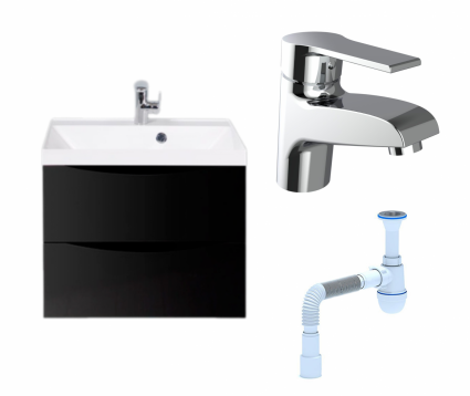 Комплект: Тумба с раковиной BelBagno Marino 60 nero lucido + Смеситель Agger Right A2902100 хром + Сифон АниПласт