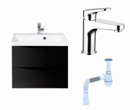 Комплект: Тумба с раковиной BelBagno Marino 60 nero lucido + Смеситель Bravat Eler F1191238CP-RUS хром + Сифон АниПласт