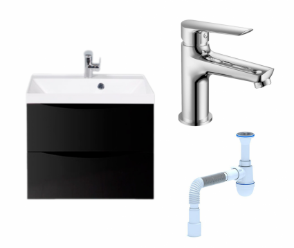 Комплект: Тумба с раковиной BelBagno Marino 60 nero lucido + Смеситель Haiba HB10198 хром + Сифон АниПласт