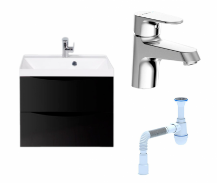 Комплект: Тумба с раковиной BelBagno Marino 60 nero lucido + Смеситель Bravat Alfa F1120178CP хром + Сифон АниПласт