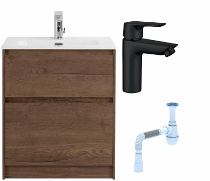 Комплект: Тумба с раковиной BelBagno Kraft напольная + Смеситель Aquanet Static AF330-10B для раковины, чёрный + Сифон АниПласт